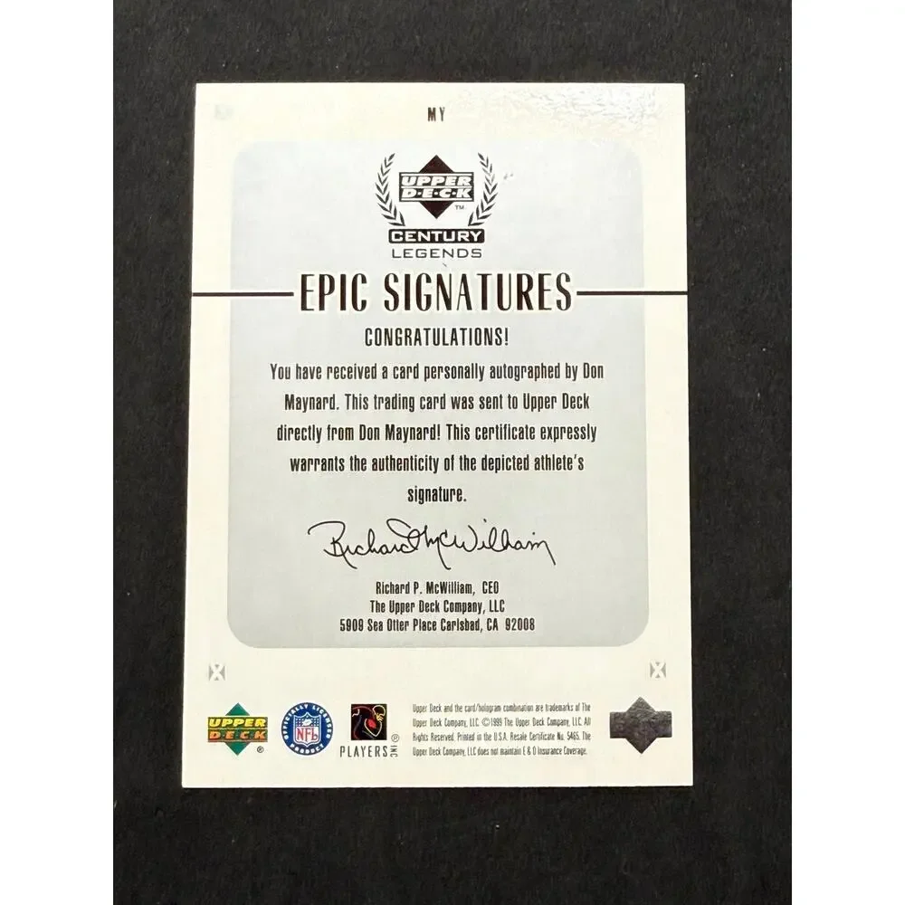 1999 Upper Deck Century Legends Don Maynard Epic Signatures Cut Auto Jets